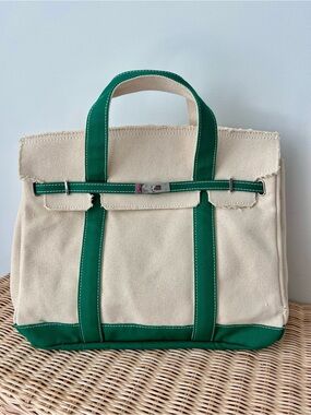 Canvas Coastal Tote Bag Green & Cream Oversized Weekend Carryall Beach Bag New